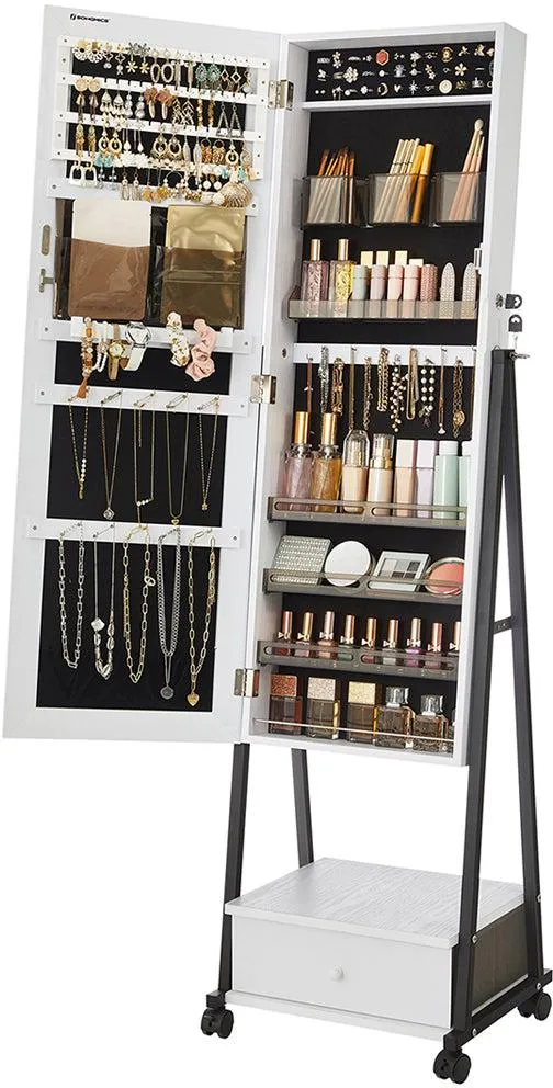 Armoire à bijoux avec miroir psyché tiroir et étagère 41,5 x 37 x 152,5 cm design élégant en MDF blanc 12_0009350