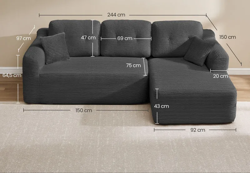Canapé d'angle modulable 150 x 244 x 73 cm confort mousse haute densité style moderne en velours gris ardoise 12_0012307