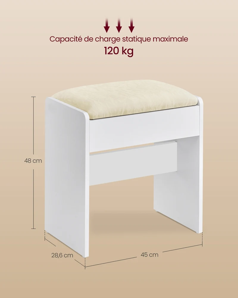 Tabouret de coiffeuse design moderne 28,6 x 45 x 48 cm assise rembourrée style épuré en aggloméré blanc mat 12_0011972