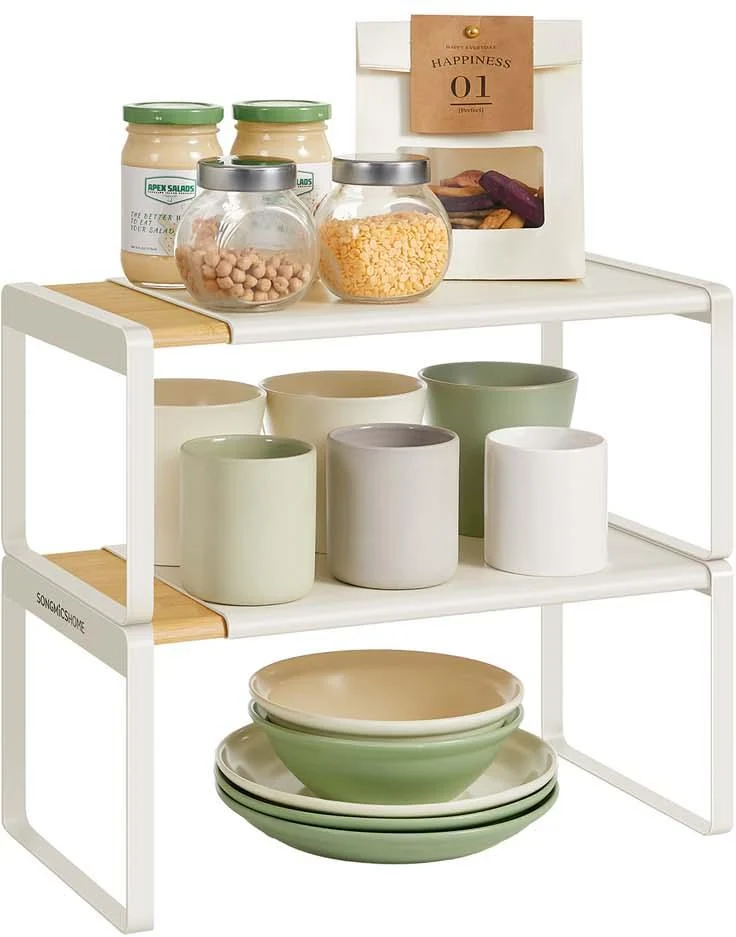 Lot de 2 étagères à épices extensibles cuisine 20 x 33-54 x 16 cm empilables en bambou beige naturel 12_0013016