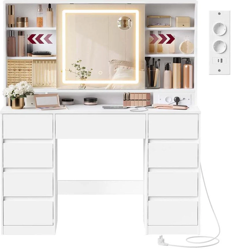 Coiffeuse design moderne avec miroir et 9 tiroirs 40 x 110 x 141,5 cm rangement bijoux pratique en aggloméré blanc 12_0012146