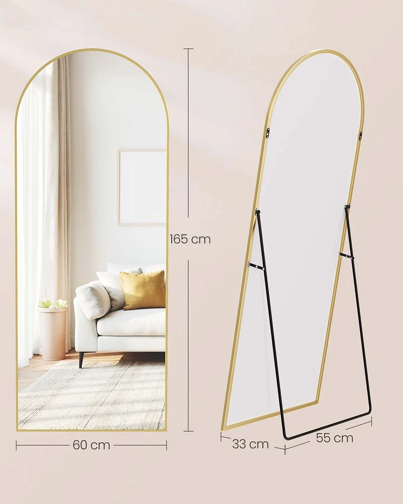 Miroir pleine longueur sur pied arc 165 x 60 cm cadre design moderne élégant chambre salon en verre trempé doré clair 12_0012775