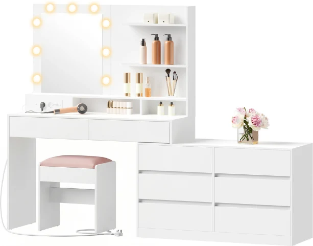 Coiffeuse modulable avec miroir et 8 tiroirs 40 x 169,2 x 145,5 cm en panneau d'aggloméré blanc 12_0012589