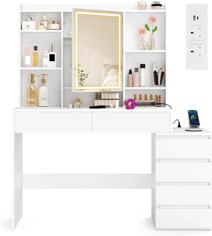 Coiffeuse moderne avec grand miroir LED réglable 40 x 124,7 x 145 cm ambiance cosy compartiments ouverts en panneau d’aggloméré blanc 12_0011558