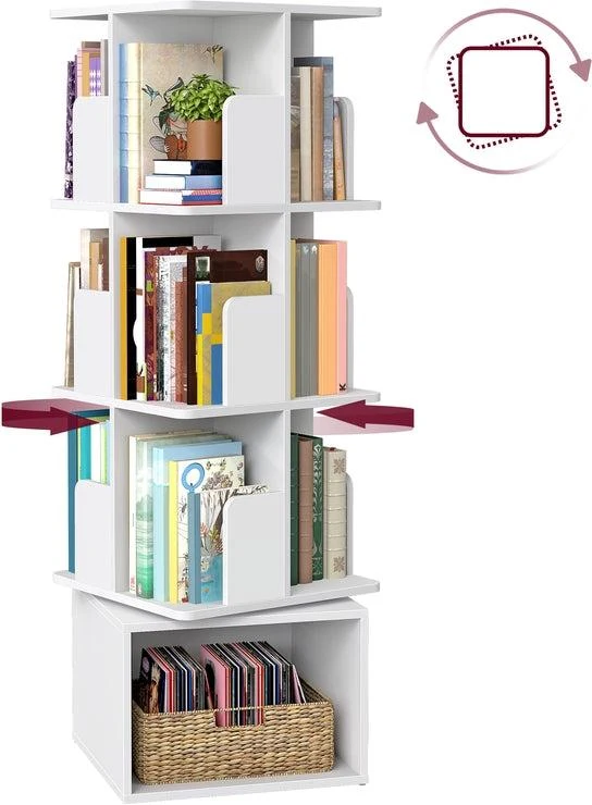 Bibliothèque rotative à 4 niveaux design moderne pour salon bureau 40 x 40 x 124,6 cm en aggloméré blanc 12_0012124