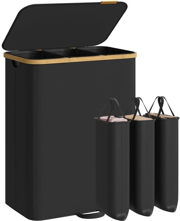 Panier à linge noir d'encre avec couvercle 60 x 38,5 x 75 cm design contemporain rangement pratique en fibre de verre 12_0012846