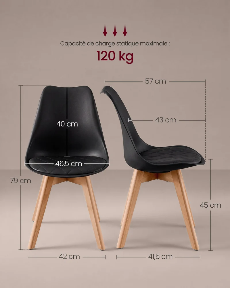Lot de 4 chaises de salle à manger avec coussin ergonomique 46,5 x 57 x 79 cm style moderne en cuir pu noir 12_0013200
