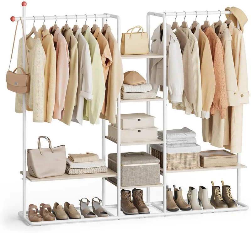 Portant à vêtements armoire ouverte avec 6 étagères de rangement 33,8 x 163,6 x 175,3 cm en acier beige naturel 12_0012489