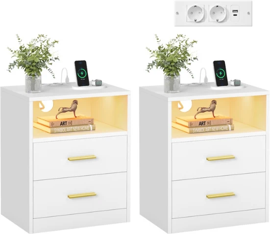 Lot de 2 tables de chevet avec tiroirs compartiment ouvert 30 x 40,1 x 50,2 cm style moderne chambre en MDF blanc 12_0012379