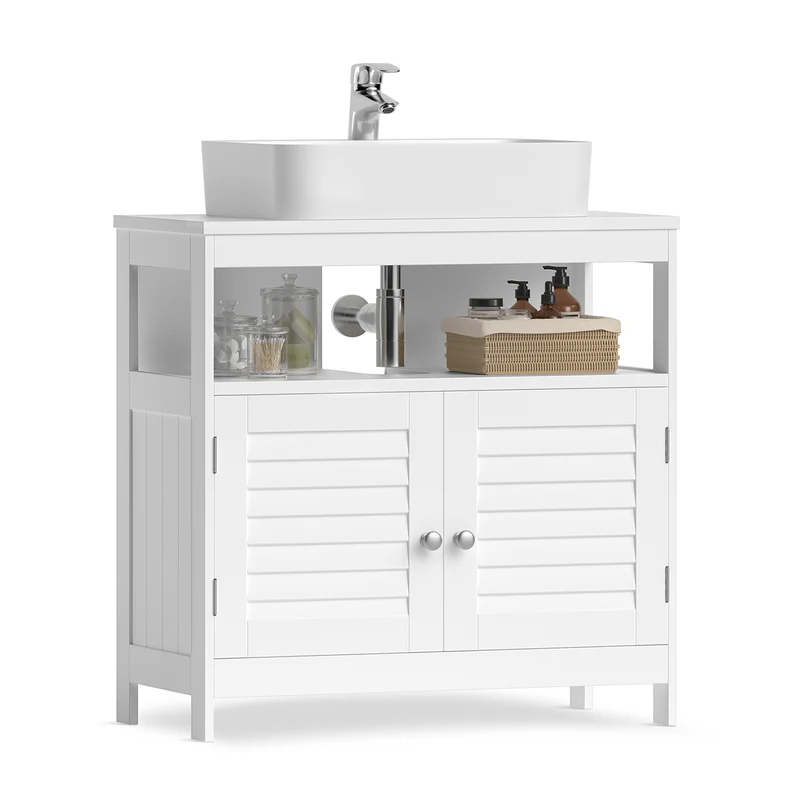 Meuble sous lavabo rangement salle de bain 60 x 30 x 60 cm anti-humidité design épuré en panneaux de fibre blanc 12_0008151