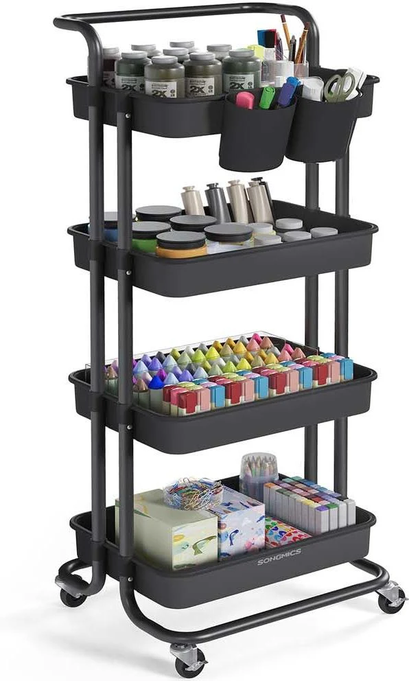 Chariot mobile à 3 niveaux desserte sur roulettes étagère de rangement avec poignée 2 pots 2 freins paniers en plastique montage facile pour chambre cuisine noir 12_0007855