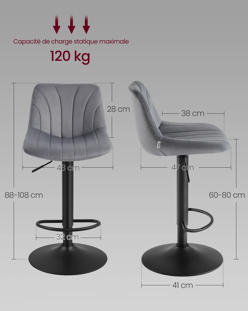 Lot de 2 tabourets de bar ergonomiques hauteur réglable 46,5 x 43 x 108 cm en velours gris ardoise 12_0013006
