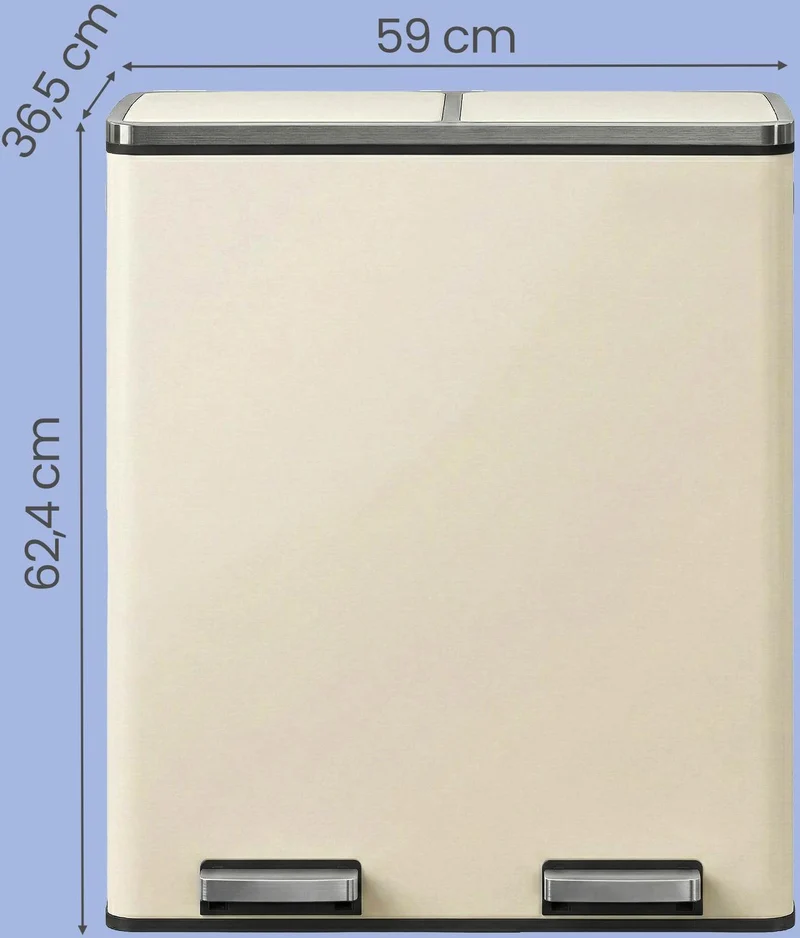 Poubelle à pédales double compartiment 59 x 32,5 x 65,2 cm usage cuisine anti-traces de doigts style moderne en acier crème 12_0013086
