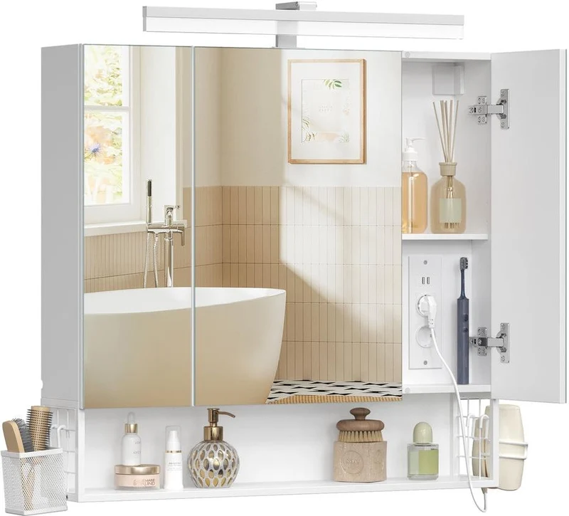 Meuble de salle de bain avec éclairage LED 16,5 x 80 x 75 cm support pour sèche-cheveux rangement moderne en panneau d'aggloméré blanc 12_0013082