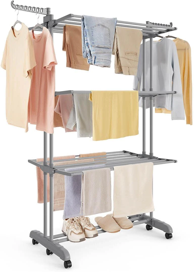 Séchoir à linge mobile pliable 63,5 x 125,5 x 173 cm grande capacité intérieur extérieur en acier gris 12_0012445