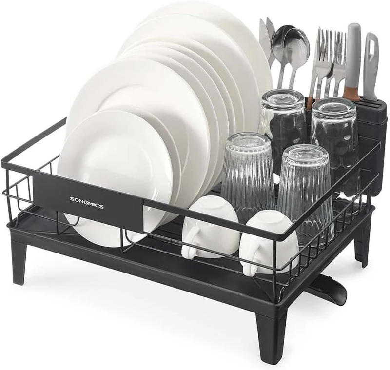 Égouttoir à vaisselle extensible avec porte-couverts et bec rotatif 31 x 42 x 18,5 cm en acier noir 12_0012605