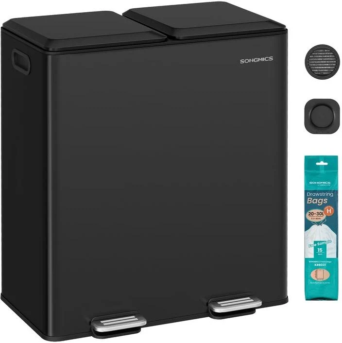 Poubelle de cuisine double avec seaux amovibles 58,5 x 37 x 64 cm usage tri sélectif moderne en acier noir 12_0013099