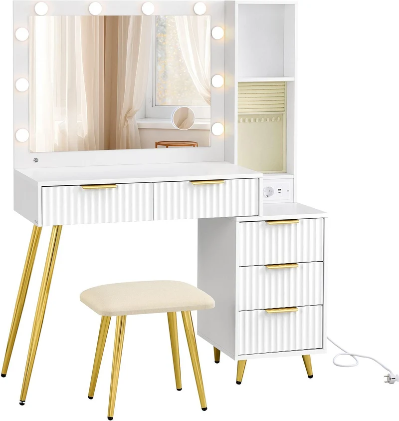 Coiffeuse avec miroir LED et 9 tiroirs moderne 40 x 110 x 135 cm espace de rangement pratique en MDF blanc 12_0013165