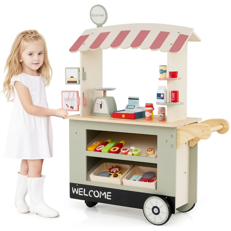 Chariot de marché enfant 75 x 30 x 100 cm avec 30 accessoires amusants et roulettes pratiques en MDF vert 20_0017930