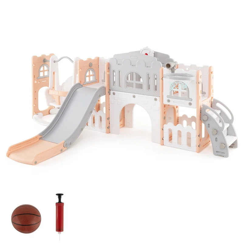 Ensemble de jeux 10 en 1 pour tout-petits 252 x 150 x 102 cm sécurisé avec toboggan pliable moderne en gris rose 20_0011837