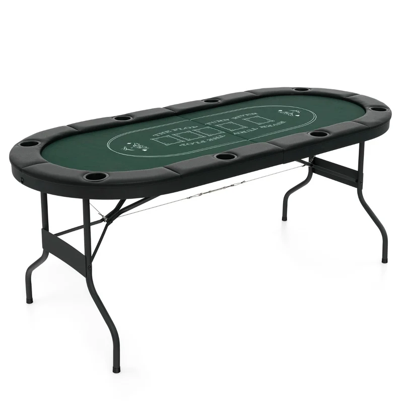 Table de poker ovale pliable 182 x 82 x 75 cm pour 8 joueurs avec accoudoirs rembourrés style moderne en feutre vert 20_0014041