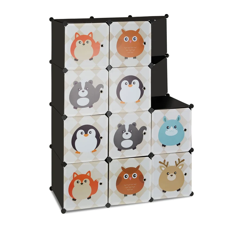 Armoire à 10 casiers modulable rangement enfants motifs animaux 85 x 40 x 180 cm en plastique noir 13_0004057
