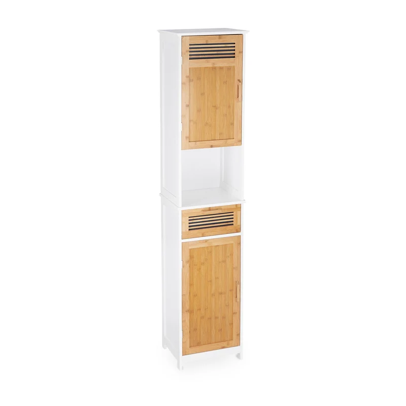 Armoire haute décorative salle de bain 39 x 30 x 180 cm design chic lamelles espace de rangement en bambou blanc 13_0003697