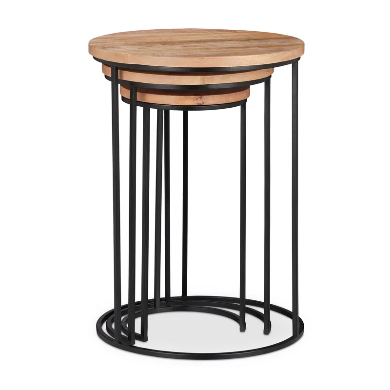 Lot de 3 tables d'appoint rondes pratiques décoratives salon 45 x 45 x 45 cm en bois de manguier naturel 13_0004691