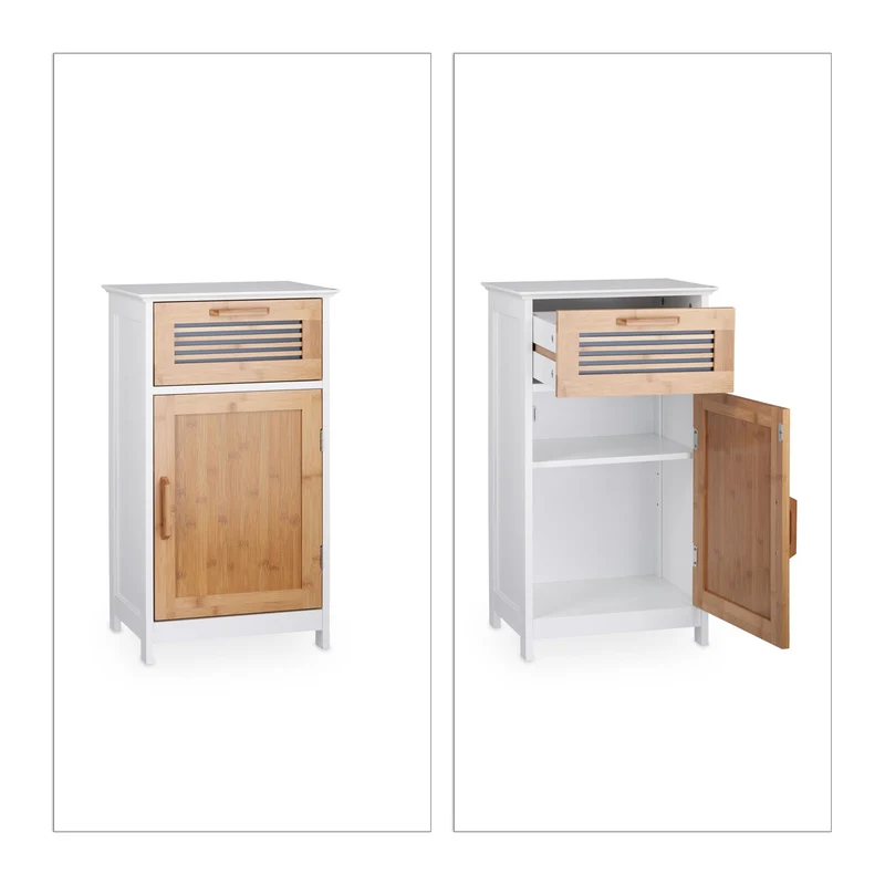 Armoire basse de salle de bain élégante avec tiroir réglable 80 x 40 x 60 cm en bambou blanc 13_0004087