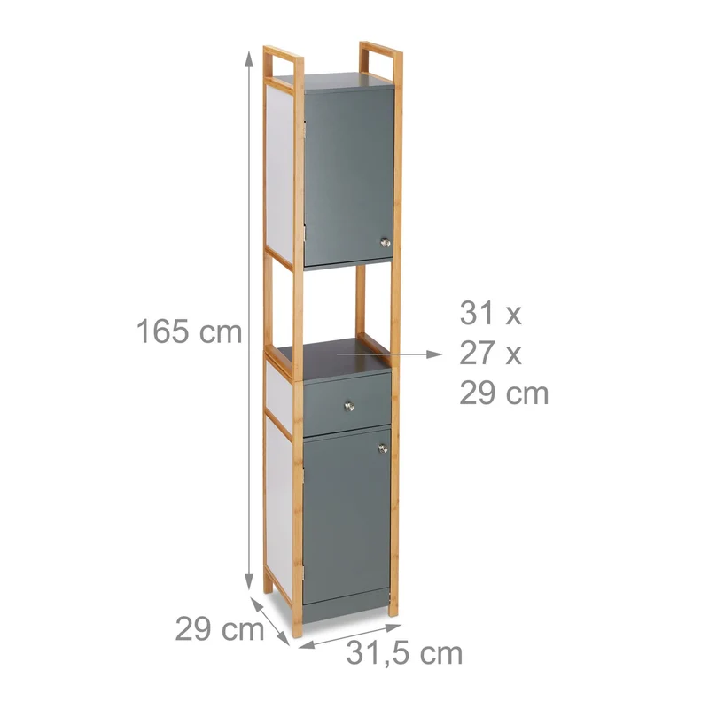 Armoire haute de salle de bain moderne 180 x 60 x 30 cm avec tiroir et étagère gain de place en bambou gris foncé 13_0004238