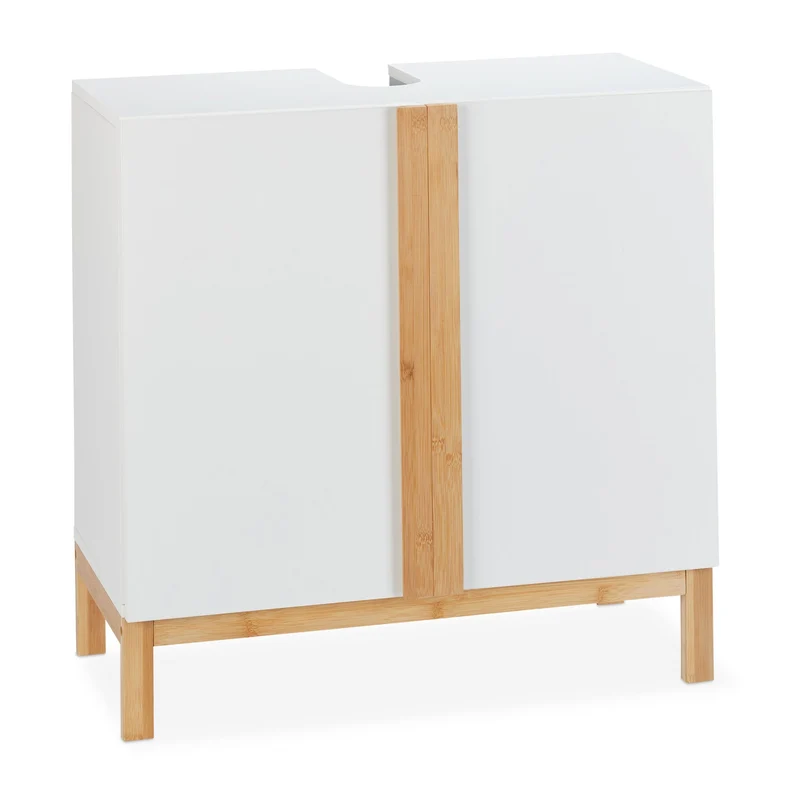 Meuble dessous de lavabo décoratif rangement pratique salle de bain 60 x 30 x 60 cm en bambou blanc 13_0004233