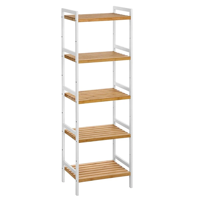 Étagère en bambou 5 tablettes meuble de rangement pour salle de bain cuisine chambre 45 x 31 5 x 142 cm charge 60 kg couleur boisée et blanc 12_0003570