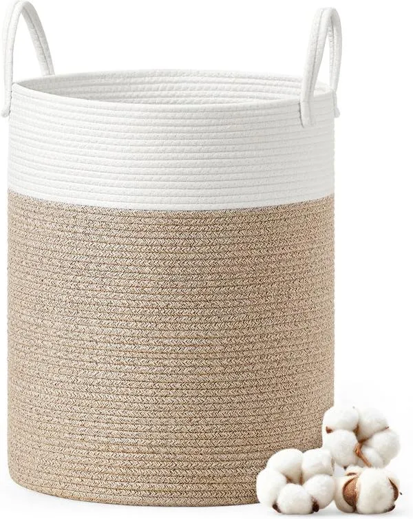 Panier à linge corbeille de rangement 35 x 35 x 50 cm pour jouets couvertures chambre buanderie en corde coton blanc 12_0012405