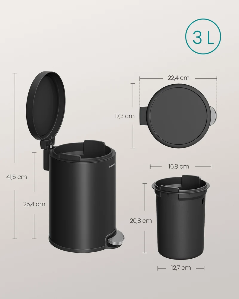 Poubelle à pédale design moderne salle de bain 22,4 x 17,3 x 25,4 cm en acier noir 12_0012607
