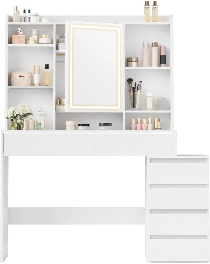 Coiffeuse moderne avec grand miroir lumineux réglable 40 x 118 x 145 cm en panneau d'aggloméré blanc 12_0013208