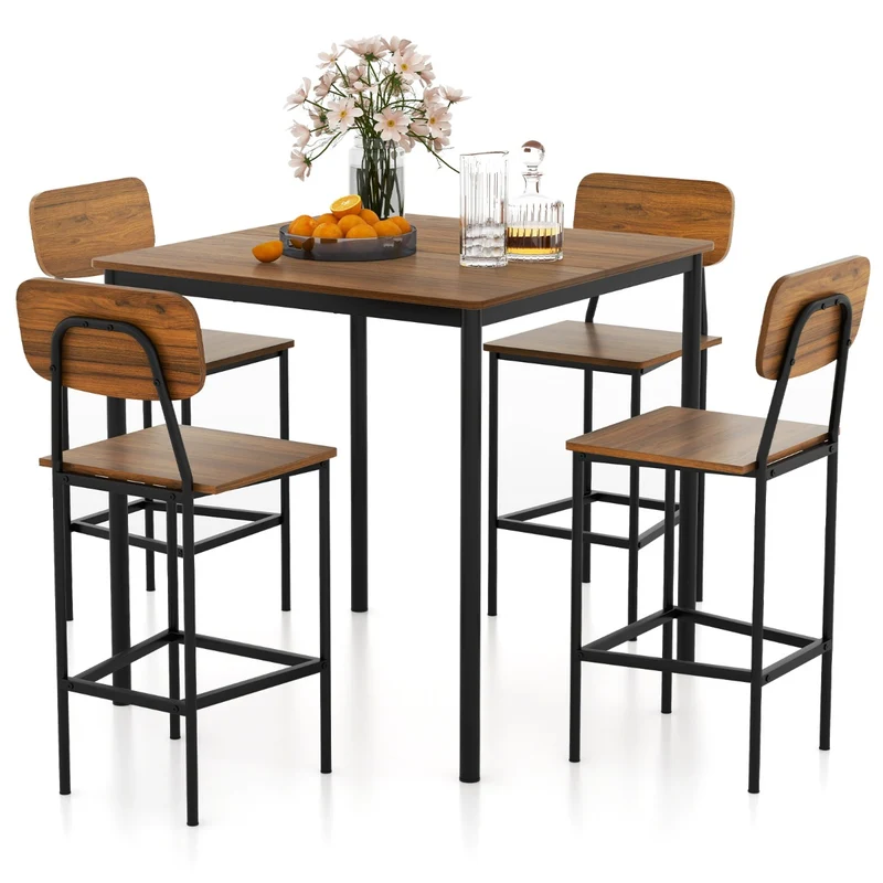 Ensemble de table et chaise salle à manger 5 pièces 90 x 90 cm pour 4 personnes avec siège ergonomique design industriel en mdf marron rustique 20_0012021