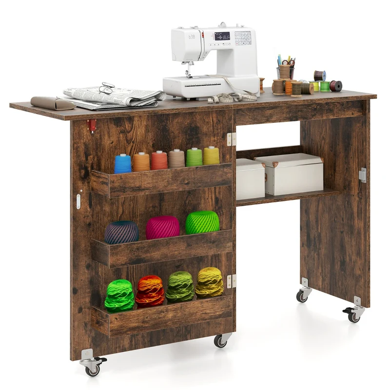 Table de couture pliante 118,5 x 40 x 79,5 cm avec étagère de rangement pratique et roues verrouillables style moderne en bois marron 20_0013982