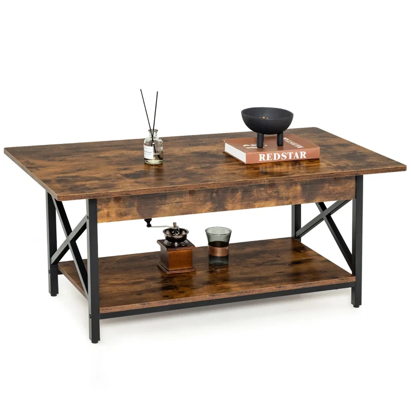 Table basse à 2 niveaux 110 x 60 x 48 cm pratique et robuste design industriel en bois café 20_0013745