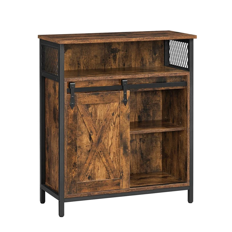 Meuble de rangement buffet 70 x 30 x 80 cm avec porte de grange coulissante compartiment ouvert étagère réglable style industriel pour entrée salon cuisine bureau marron rustique et noir 12_0006430