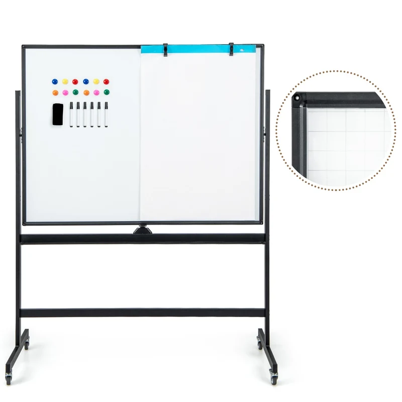 Tableau blanc mobile double face 126 x 53,5 x 161-181 cm hauteur réglable 360° pivotant en métal noir 20_0014146