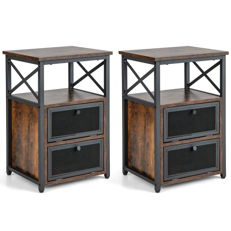 Lot de 2 tables d'appoint industrielles 60,5 x 40 x 35 cm rangement pratique 3 niveaux style rustique en fer marron 20_0012510