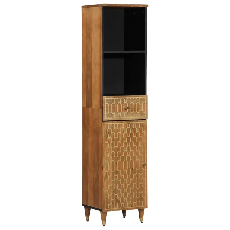 Armoire de salle de bain rétro 38 x 33 x 160 cm grand rangement avec motif sculpté en bois massif marron 02_0047316