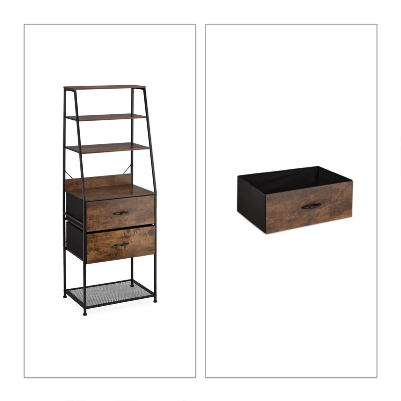 Étagère à livres vintage style industriel avec 5 étagères et 2 tiroirs bureau salon 140 x 80 x 35 cm en métal noir 13_0010885