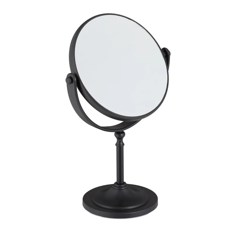 Miroir cosmétique rond sur pied 360 degrés soin du visage avec grossissement 2 fois en métal noir 13_0011117