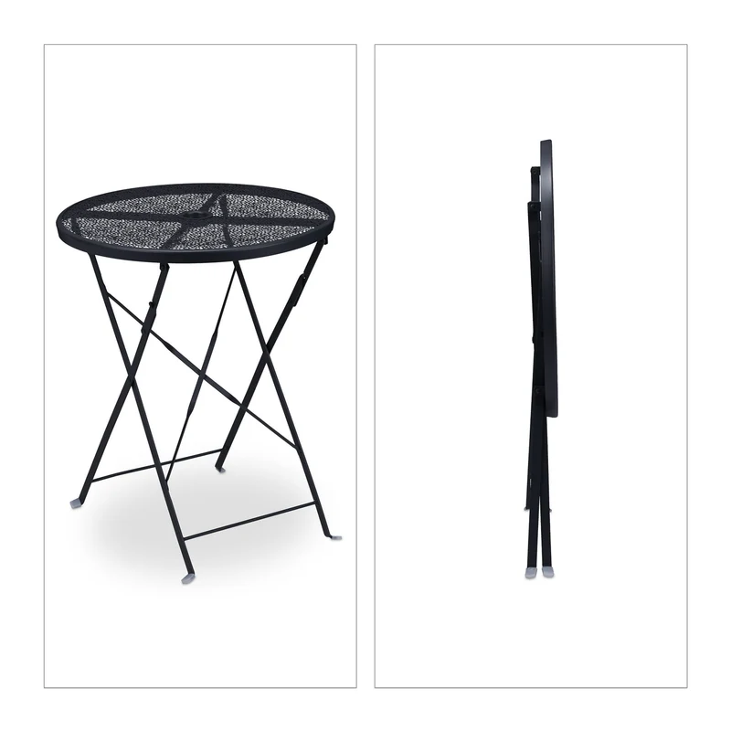 Table pliante ronde jardin balcon 90 x 90 x 74 cm design floral fonction trou pour parasol en acier noir 13_0010576