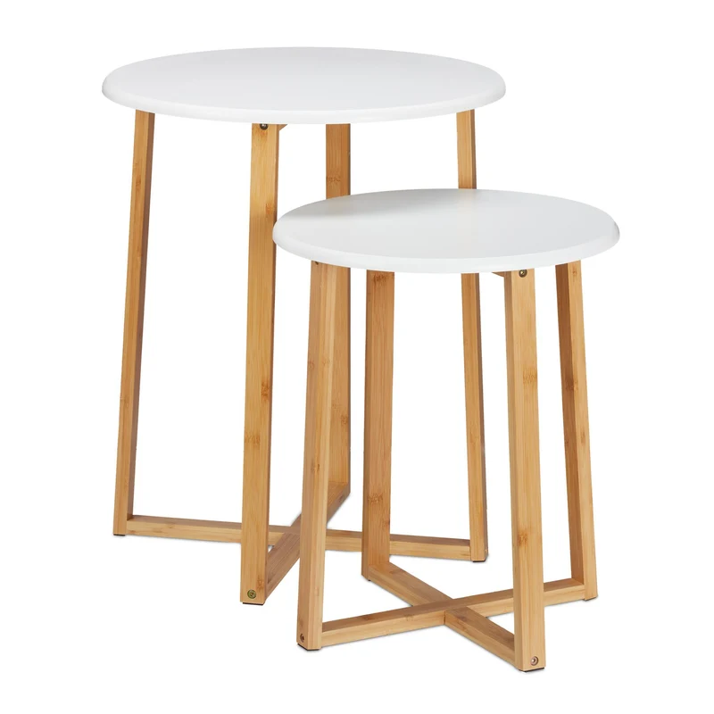 Lot de 2 tables d'appoint rondes modernes salon chambre 50 x 50 x 45 cm en bambou blanc 13_0009647