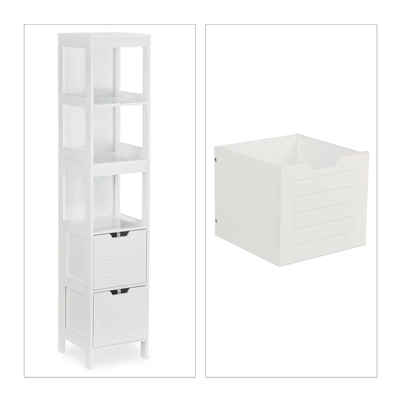 Armoire de bain haute pratique rangement 3 étagères 2 tiroirs style campagnard en bois blanc 13_0009893