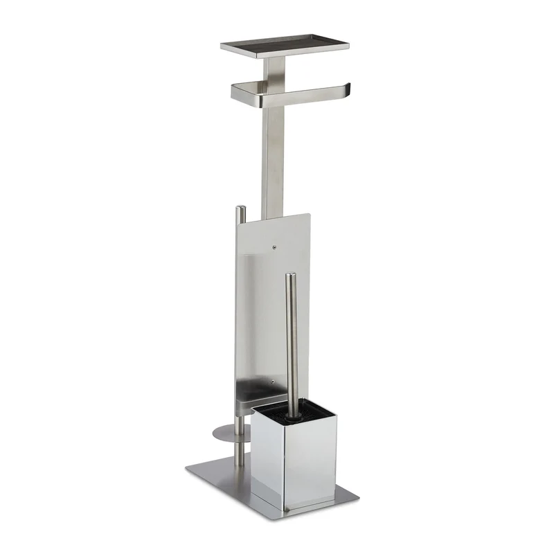 Serviteur WC élégant avec porte-rouleau et porte-brosse 40 x 20 x 20 cm en acier inoxydable argenté 13_0010820
