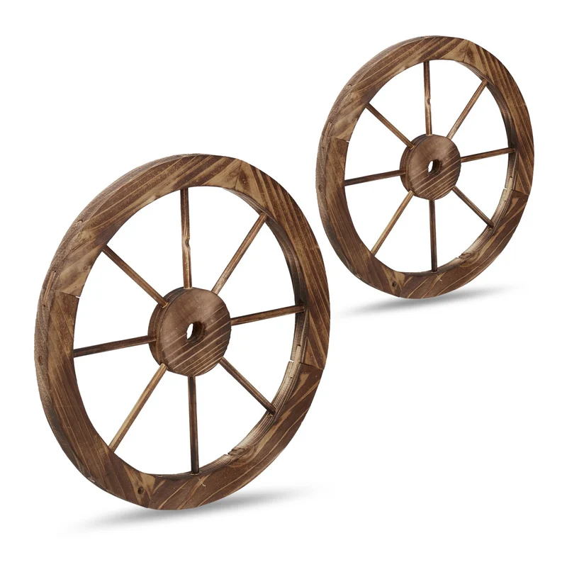 Lot de 2 roues décoratives à accrocher intérieur extérieur 60 x 60 x 5 cm en bois flammé marron 13_0010789