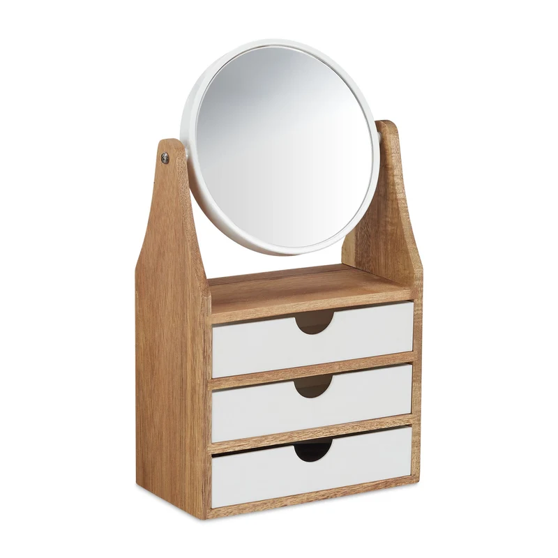 Organiseur de maquillage compact avec miroir grossissant 20 x 15 x 10 cm pratique salle de bain en bois marron 13_0007924